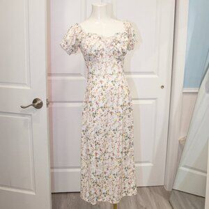 Cider Floral Puff Sleeve Midi Dress – Cottagecore Ruffle Bust, Size S